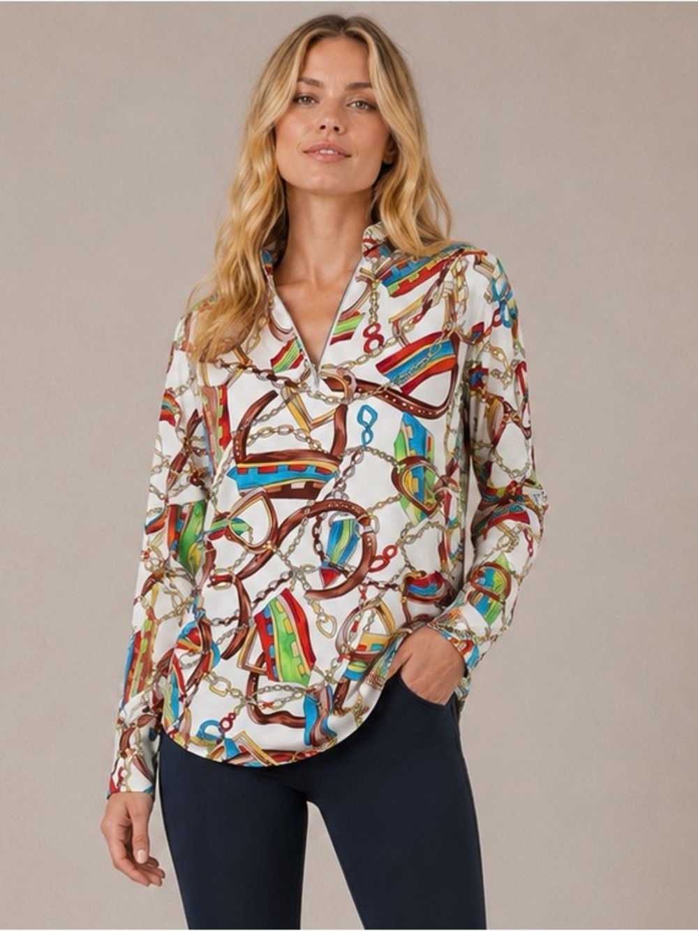 Icikuls 1/4 Zip pullover Golf Top Ivory Horse Bit Buckle Equestrian Print Size S